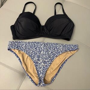 A27 J.Crew Two Piece Black Top dandelion swirl Blue Bottom Swimsuit Size L